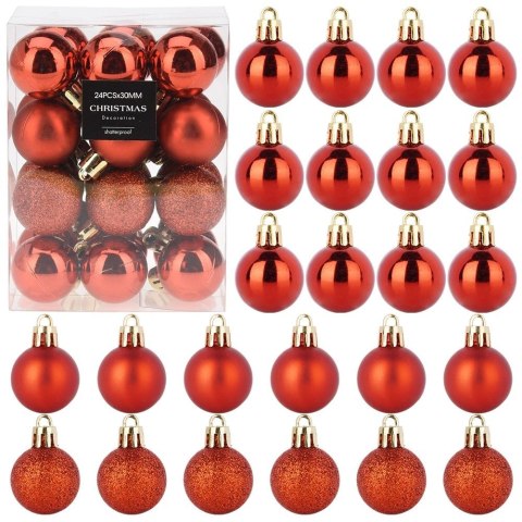 Bombki Czerwone 24 szt. Nietłukące 3 cm Komplet Mat/Błysk/Brokat Dekor