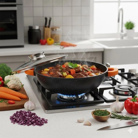 Patelnia Głęboka Granitowa 3,3 L 28 cm Pokrywka Aroma Dozownik VILDE