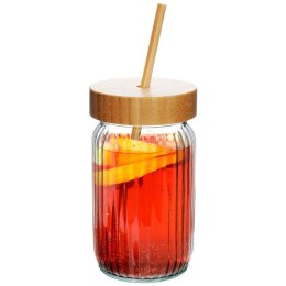 Słoik do Napojów z Pokrywką Bambusową i Szklaną Słomką 500 ml EH