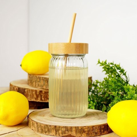 Słoik do Napojów z Pokrywką Bambusową i Szklaną Słomką 500 ml EH