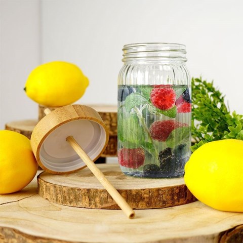 Słoik do Napojów z Pokrywką Bambusową i Szklaną Słomką 500 ml EH
