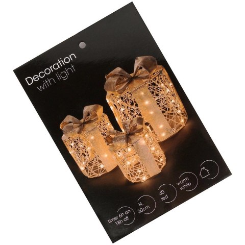Zestaw 3 Świecących Prezentów LED Złoty 90 LED Timer Okrągłe Dekoracje