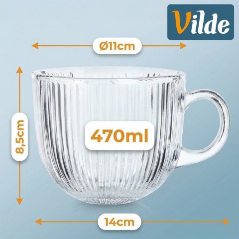 Zestaw 6 Szklanek XXL 470 ml z Uchem do Kawy Herbaty Ryflowane VILDE