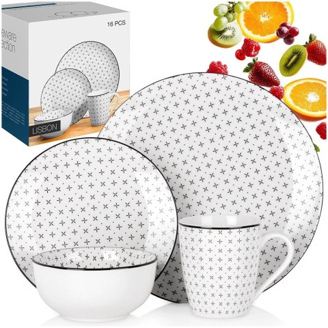 Zestaw Obiadowy Porcelana 16 elementów Talerze Kubki na 4 Osoby