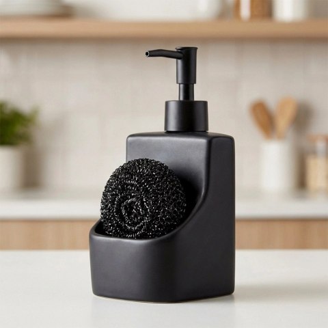 Dozownik płynu do naczyń z pojemnikiem na gąbkę i z gąbką ceramiczny czarny 400 ml
