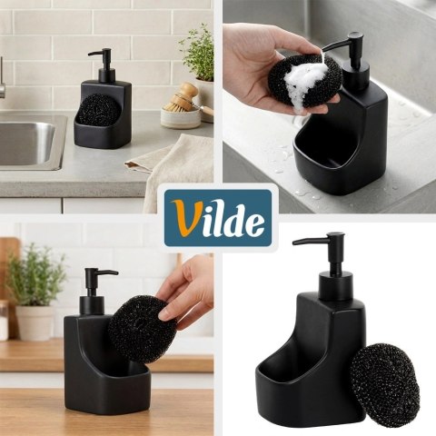 Dozownik płynu do naczyń z pojemnikiem na gąbkę i z gąbką ceramiczny czarny 400 ml