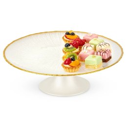 Elegancka Patera na Tort Ciasto Szkło Białe Złoty Rant 21cm Nóżka