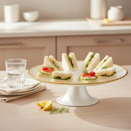 Elegancka Patera na Tort Ciasto Szkło Białe Złoty Rant 21cm Nóżka