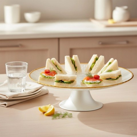 Elegancka Patera na Tort Ciasto Szkło Białe Złoty Rant 21cm Nóżka