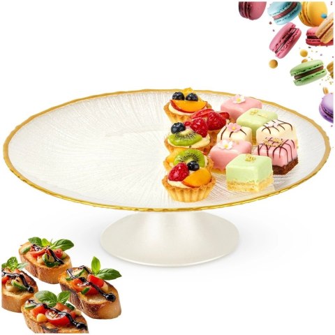Elegancka Patera na Tort Ciasto Szkło Białe Złoty Rant 21cm Nóżka