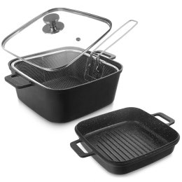 Garnki Granitowe ze Szklaną Pokrywką Patelnią Grillową Koszyczkiem 4 El.