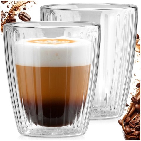 Komplet 2 Szklanek Termicznych 230ml Podwójne Szkło Paskowane Kawa