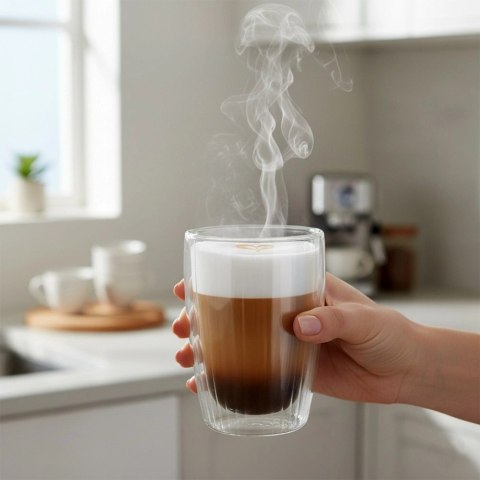 Komplet 2 Szklanek Termicznych 350ml Podwójne Szkło Paskowane Kawa