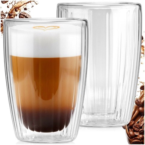 Komplet 2 Szklanek Termicznych 350ml Podwójne Szkło Paskowane Kawa