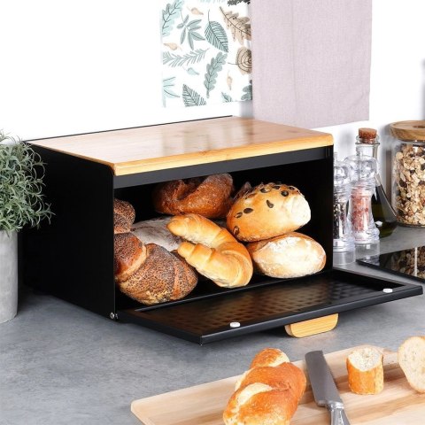 Chlebak Metalowy VILDE Czarny 35,5 x 22 x 20,5 cm z Pokrywą i Deską
