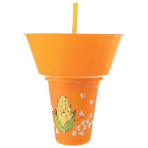 Kubek z Miską na Popcorn 500 ml 1 L ORION Pomarańczowy ze Słomką