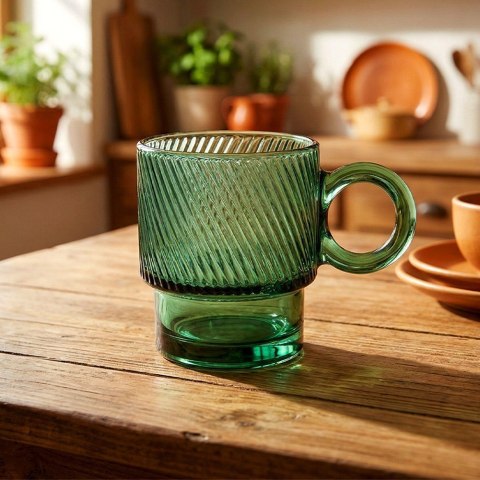 Szklanka z Uchem Kubek do Kawy Herbaty Napojów Zielona Ryflowana 300 ml