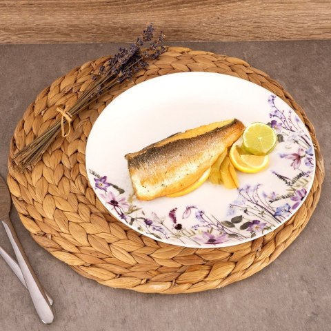 Talerz Obiadowy Płytki Porcelanowy Biały Kwiaty Ozdobny ORION Okrągły 24 cm